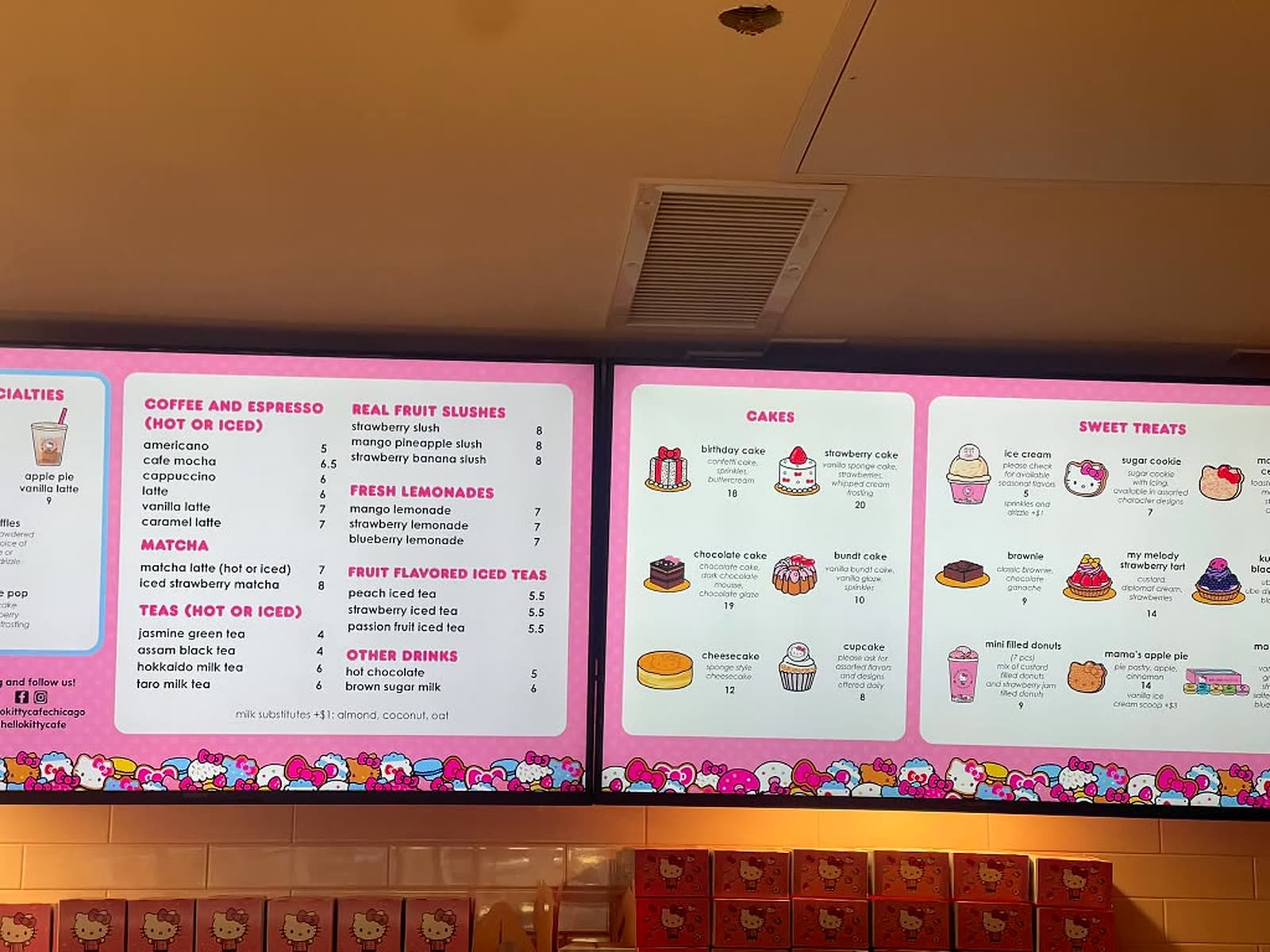 Menú del Hello Kitty Cafe Chicago con precios